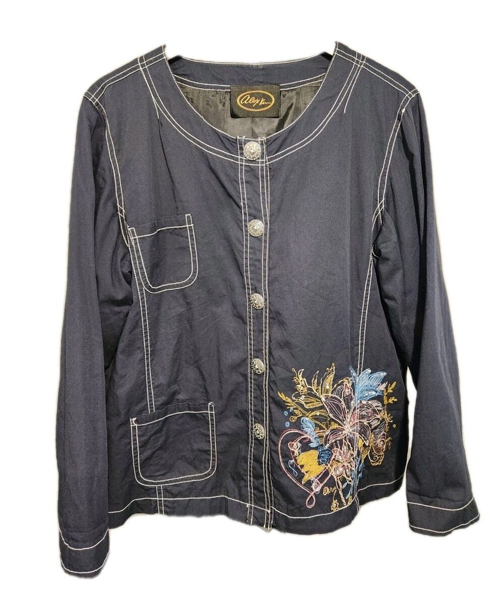 Alex Kiv Embroidered Navy Lightweight Jacket Womens XL Floral Teacher Art Chic